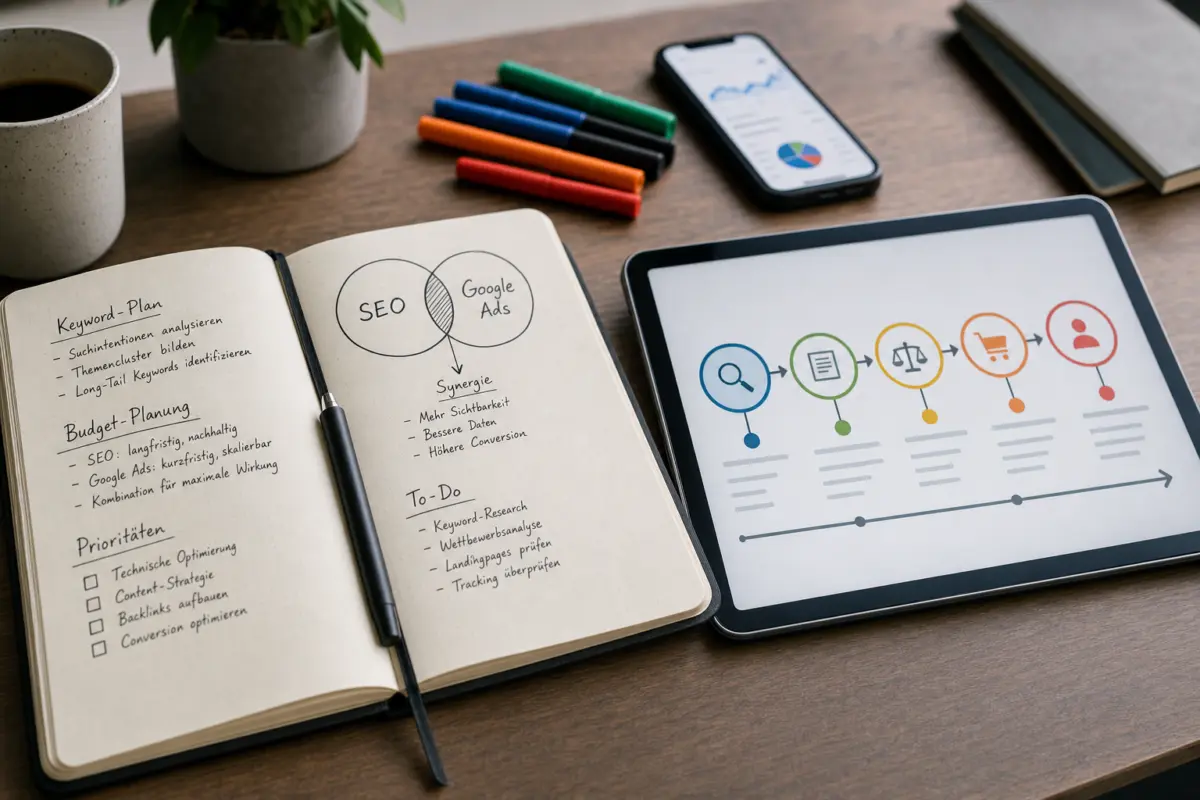 Illustration zum Artikel SEO oder Google Ads: Was lohnt sich für Unternehmen mehr?, Abschnitt 4: Notizbuch mit handschriftlichen Notizen, Tablet mit schematischer Customer Journey, Smartphone mit Analytics-App,