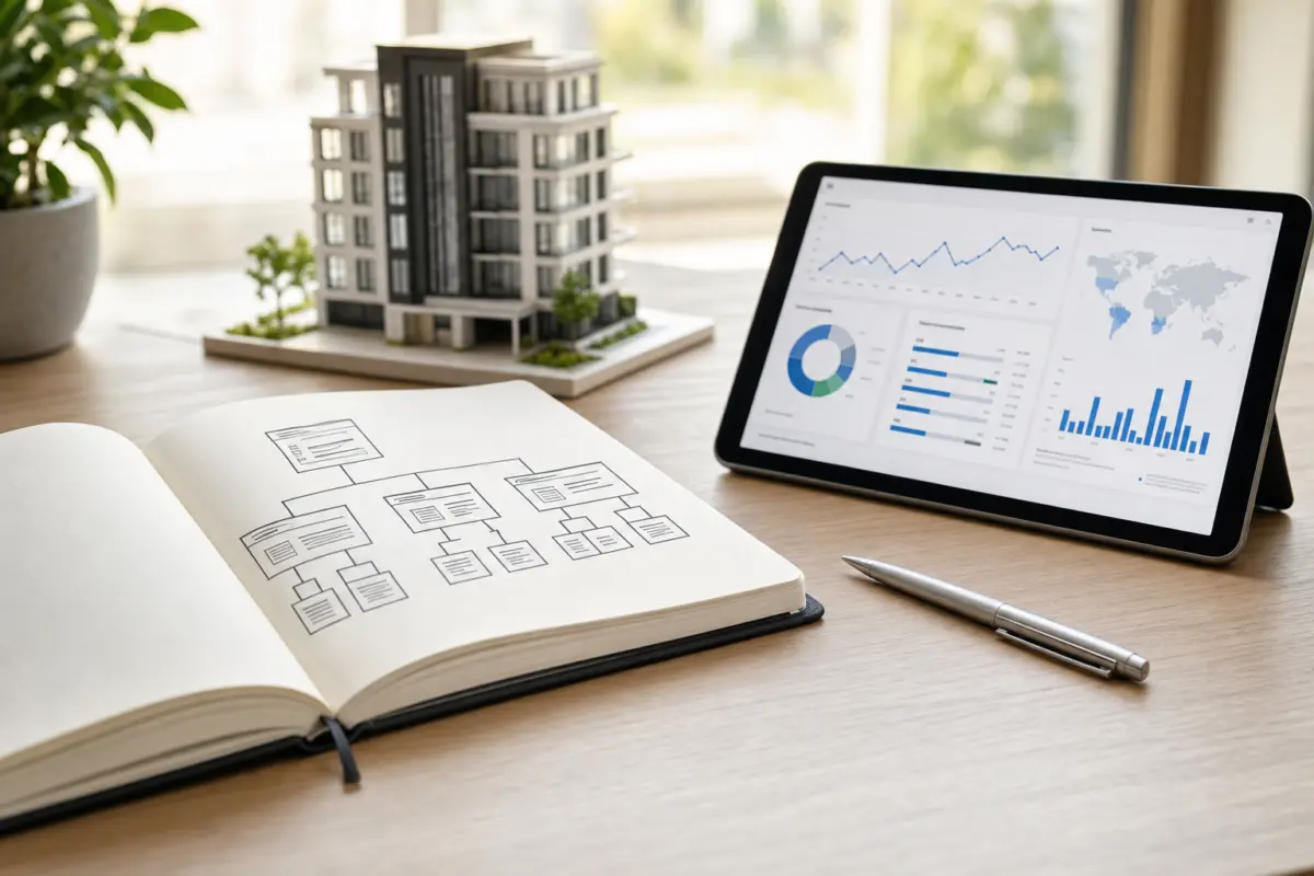 Illustration zum Artikel SEO einmalig oder laufend: Was ist sinnvoller?, Abschnitt 4: offenes Notizbuch, Tablet mit Dashboard, Kugelschreiber, Architekturmodell Gebäude, Holzschreibtisch