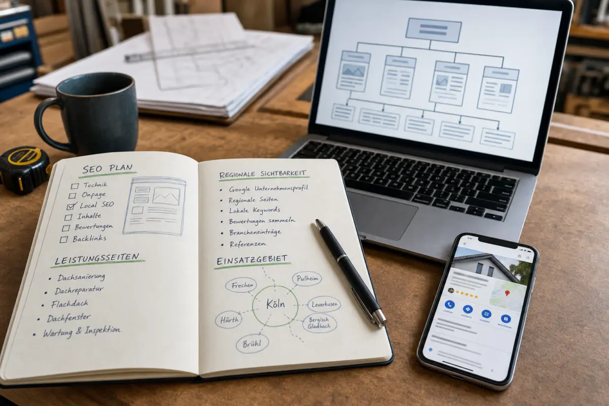 Illustration zum Artikel SEO für Handwerker: Wie regionale Betriebe über Google Anfragen gewinnen, Abschnitt 3: Notizbuch mit SEO-Notizen, Laptop mit Webstruktur-Skizze, Smartphone mit Google Unternehmensprofil, Kugelschreiber