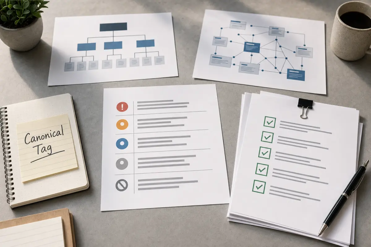Illustration zum Artikel Warum wird meine Website nicht indexiert?, Abschnitt 3: gedrucktes Blatt Sitemap, Ausdruck interne Verlinkung, handschriftliche Notiz Canonical Tag, Checkliste Fehlerbehebung,