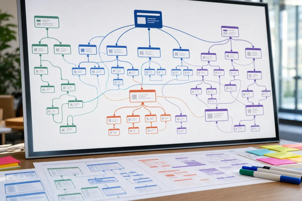 Illustration zum Artikel SEO-Case: Warum interne Verlinkung oft unterschätzt wird, Abschnitt 2: digitales Whiteboard, Sitemap-Diagramm, farbige Linien und Knotenpunkte, bedruckte Seitenübersichten, bunte Haftnotizen, Marker