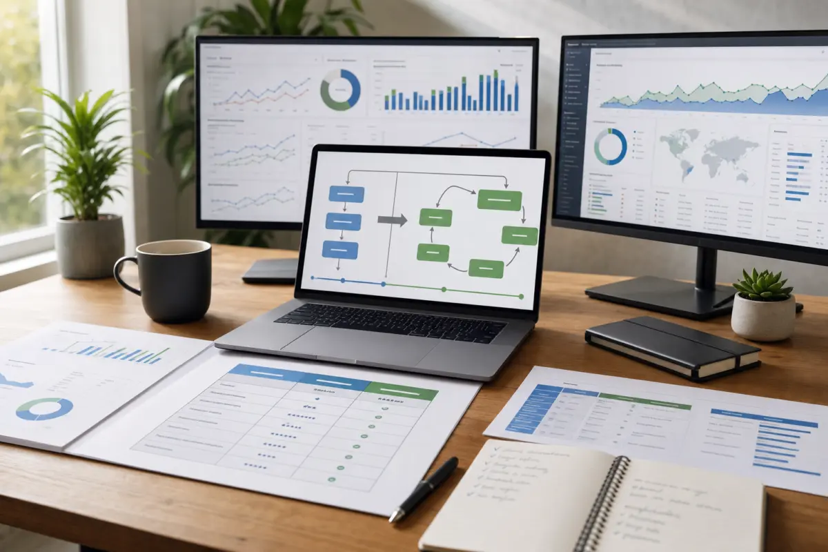 Illustration zum Artikel SEO einmalig oder laufend: Was ist sinnvoller?, Abschnitt 3: Laptop mit Flow-Chart, zwei Monitore mit SEO-Dashboards und Graphen, ausgedruckte Vergleichstabellen, digitale
