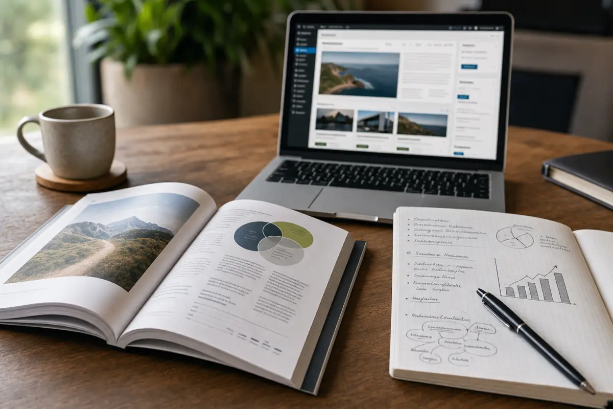 Illustration zum Artikel SEO oder Google Ads: Was lohnt sich für Unternehmen mehr?, Abschnitt 1: Fachmagazin SEO, Notizzettel mit handschriftlichen Notizen, Stift, Laptop mit CMS, Holztisch