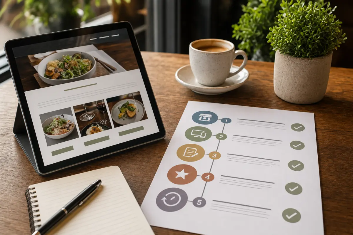 Illustration zum Artikel SEO für Restaurants: Warum lokale Sichtbarkeit mehr Gäste bringen kann, Abschnitt 4: Tablet mit Restaurant-Website, SEO-Fahrplan ausgedruckt, Kaffeetasse, Topfpflanze