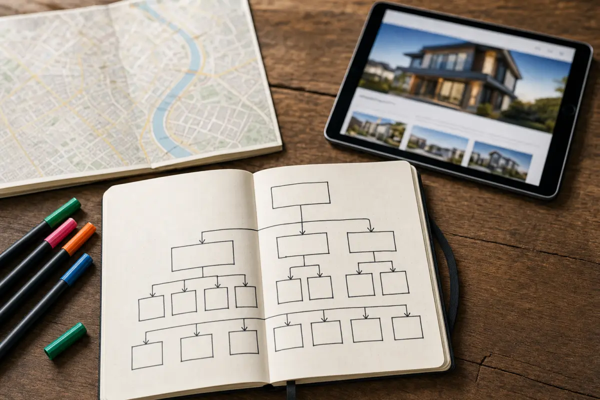 Illustration zum Artikel SEO für Immobilienmakler: Lokale Sichtbarkeit in einem umkämpften Markt, Abschnitt 2: Notizbuch mit Sitemap, farbige Marker, Stadtplan Köln, Tablet mit Webansicht
