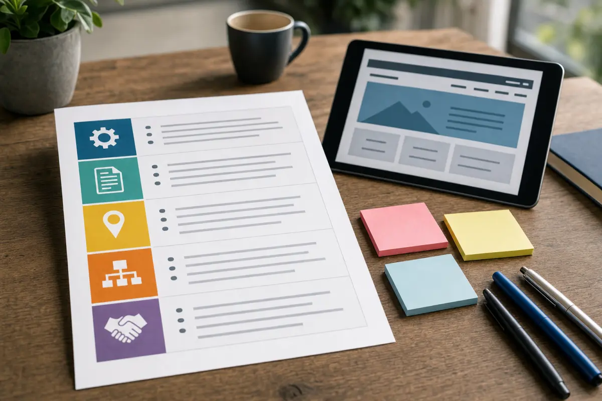 Illustration zum Artikel SEO für Kölner Unternehmen: Lokale Sichtbarkeit ohne leere Versprechen, Abschnitt 4: gedruckte SEO-Fahrplanliste, farbige Haftnotizen, Kugelschreiber, Tablet mit schematischer Webseite, moderner Schreibtisch, diffuse