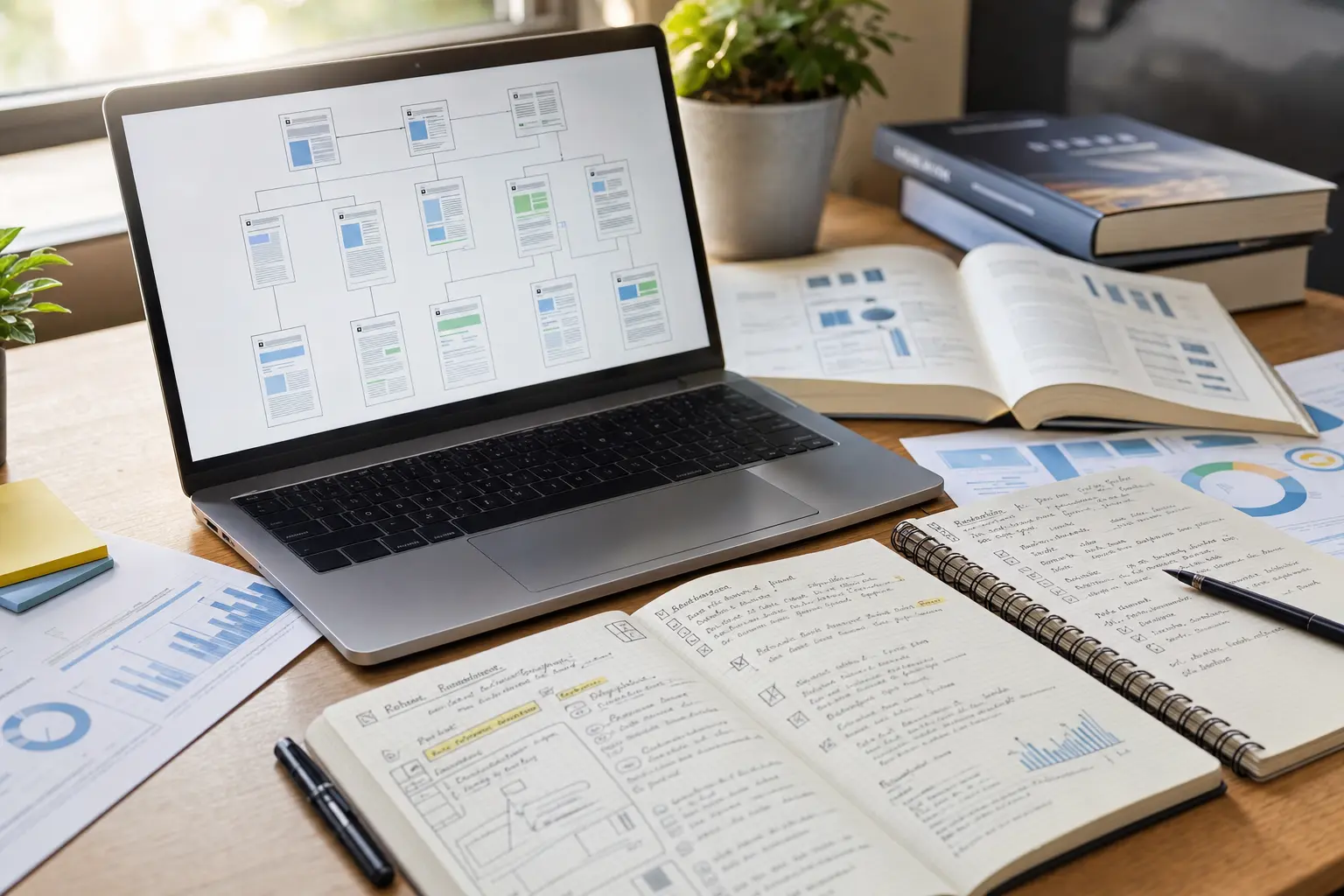 Titelbild zum Artikel SEO einmalig oder laufend: Was ist sinnvoller?: Laptop mit geöffneter Website-Struktur, Notizen auf Papier mit handschriftlichen Notizen, Fachbuch SEO,