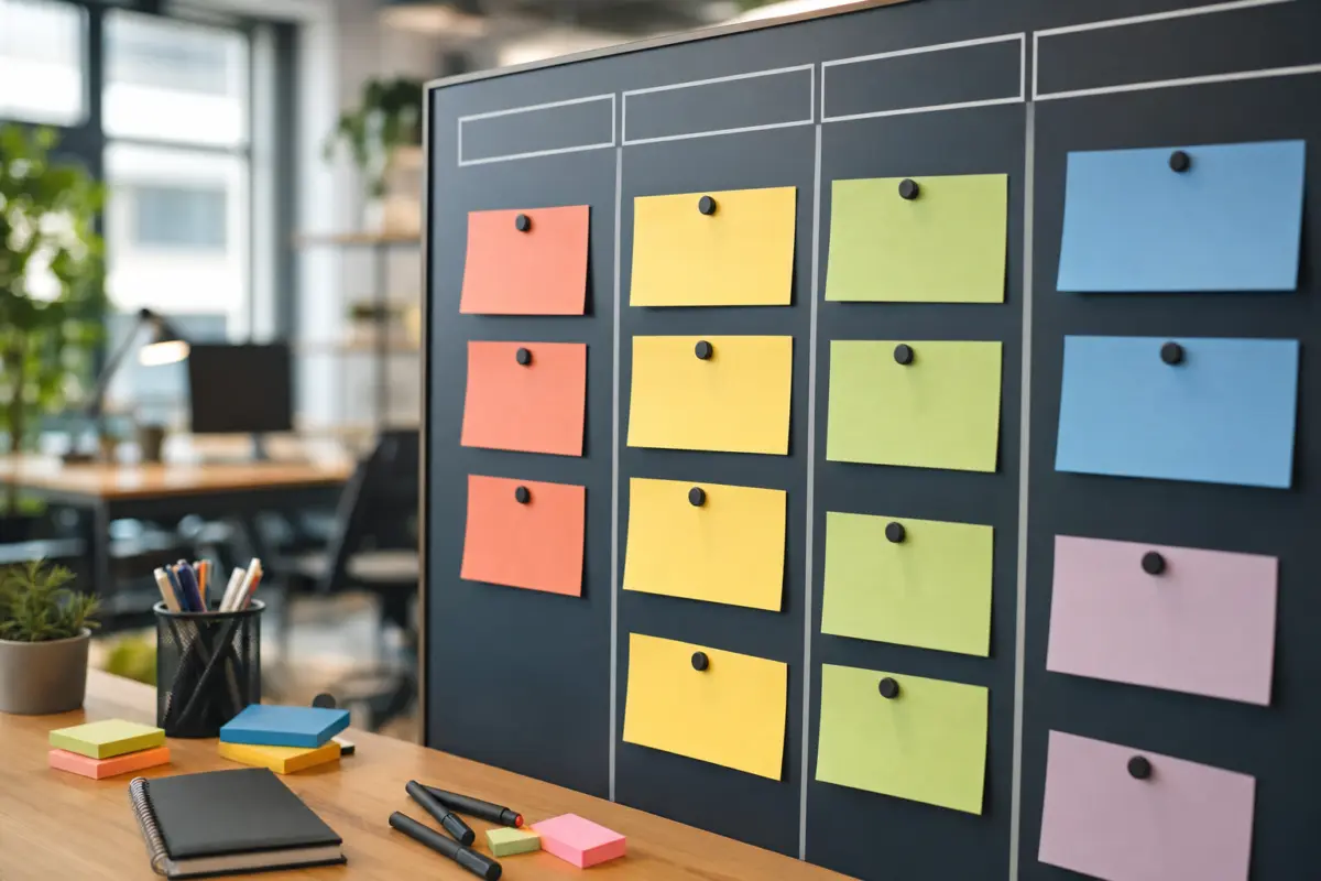 Illustration zum Artikel SEO Beratung in Köln: Wann externe Unterstützung sinnvoll ist, Abschnitt 3: Kanban-Board, farbige Karteikarten, Büroaccessoires, Moderationsmarker, Notizzettel