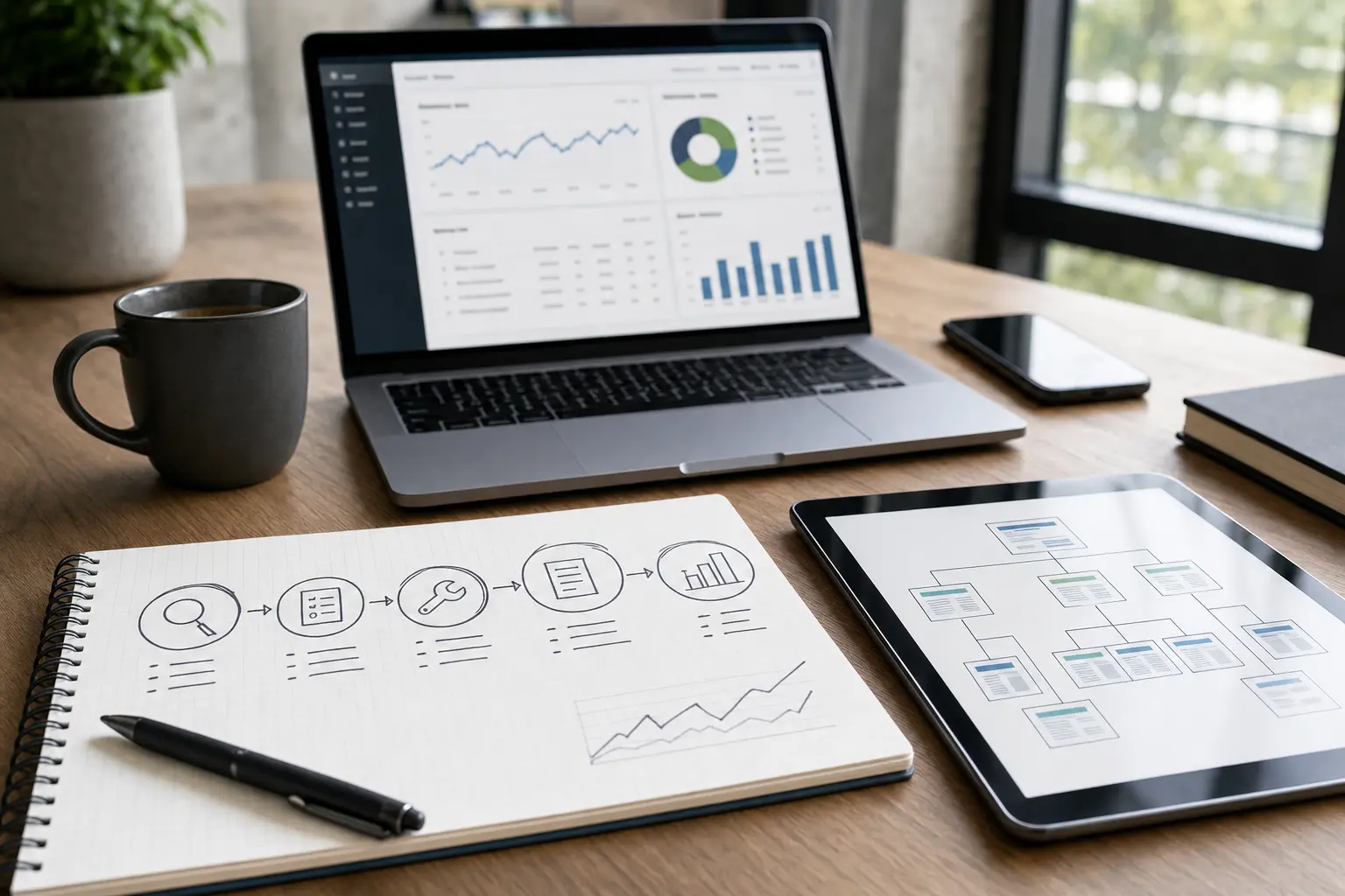 Titelbild zum Artikel Wie läuft eine SEO-Betreuung konkret ab?: Notizblock mit Skizze, Tablet mit Website-Struktur, Laptop mit SEO-Tools, Kaffeebecher, Smartphone