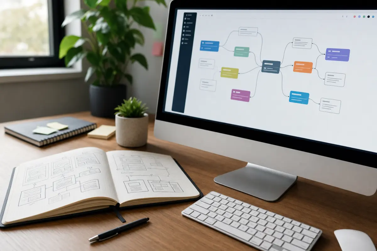 Illustration zum Artikel SEO Beratung in Köln: Wann externe Unterstützung sinnvoll ist, Abschnitt 2: Monitor mit Mindmap-Darstellung, Notizbuch mit handschriftlichen Skizzen, Stift, Tastatur, moderner Schreibtisch