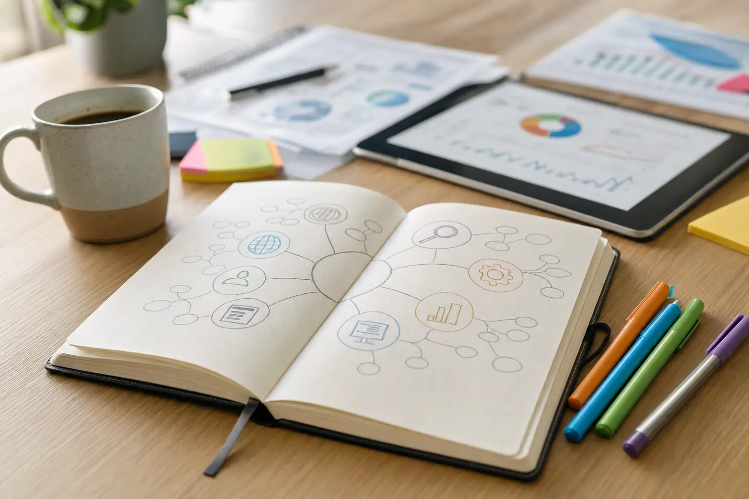 Titelbild zum Artikel SEO selbst machen oder Agentur beauftragen?: Notizbuch, bunte Stifte, Kaffeetasse, verschwommene Diagramme, Tablet