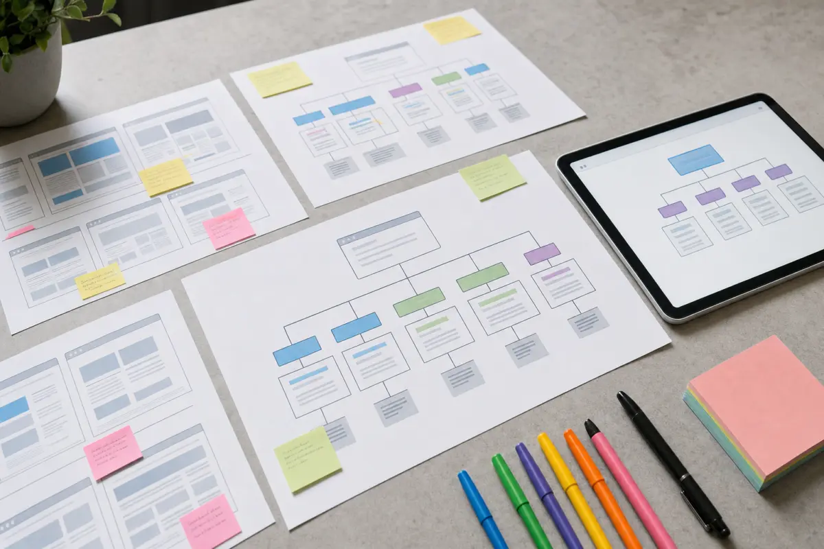 Illustration zum Artikel Warum gute Websites nicht mit dem Design beginnen, Abschnitt 2: ausgedruckte SEO Pläne, farbige Marker, Haftnotizen, Tablet mit Sitemap-Diagramm, ruhiger Hintergrund