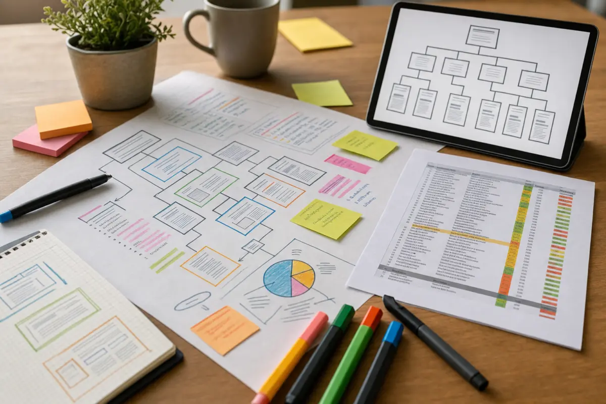 Illustration zum Artikel Neue Website oder SEO zuerst: Was ist die richtige Reihenfolge?, Abschnitt 1: Skizzenpapier mit Diagrammen, Farbige Marker, Gedruckte Keyword-Listen, Tablet mit Sitemap-Darstellung, moderner Holzschreibtisch