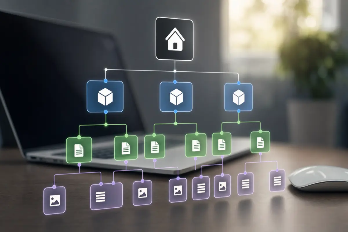 Illustration zum Artikel Warum erscheinen meine Leistungen nicht bei Google?, Abschnitt 1: digitale Flowchart-Darstellung, farbige Verbindungslinien, Knotenpunkte mit Icons für Homepage, Leistungsseiten, Zusatzinhalte, klare