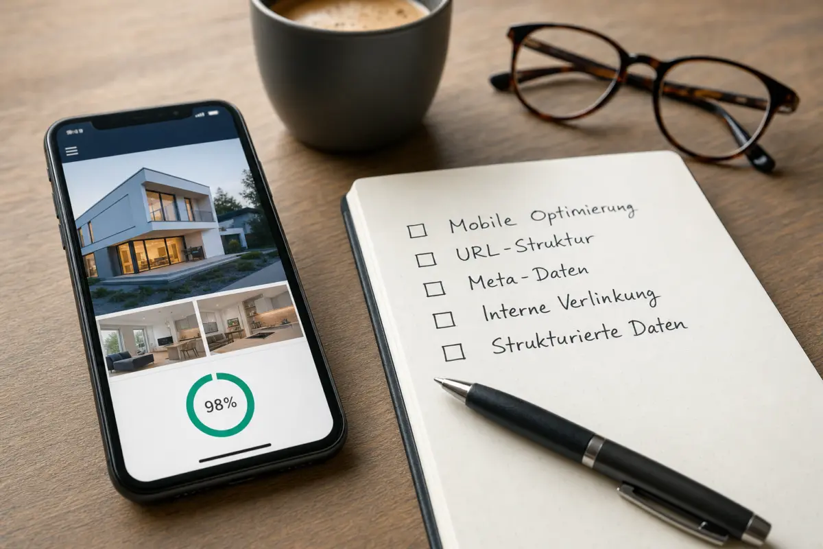 Illustration zum Artikel SEO für Immobilienmakler: Lokale Sichtbarkeit in einem umkämpften Markt, Abschnitt 4: Smartphone mit Immobilien-Website, Notizbuch mit SEO-Notizen, Kugelschreiber, Kaffeebecher, Brille, Holztisch