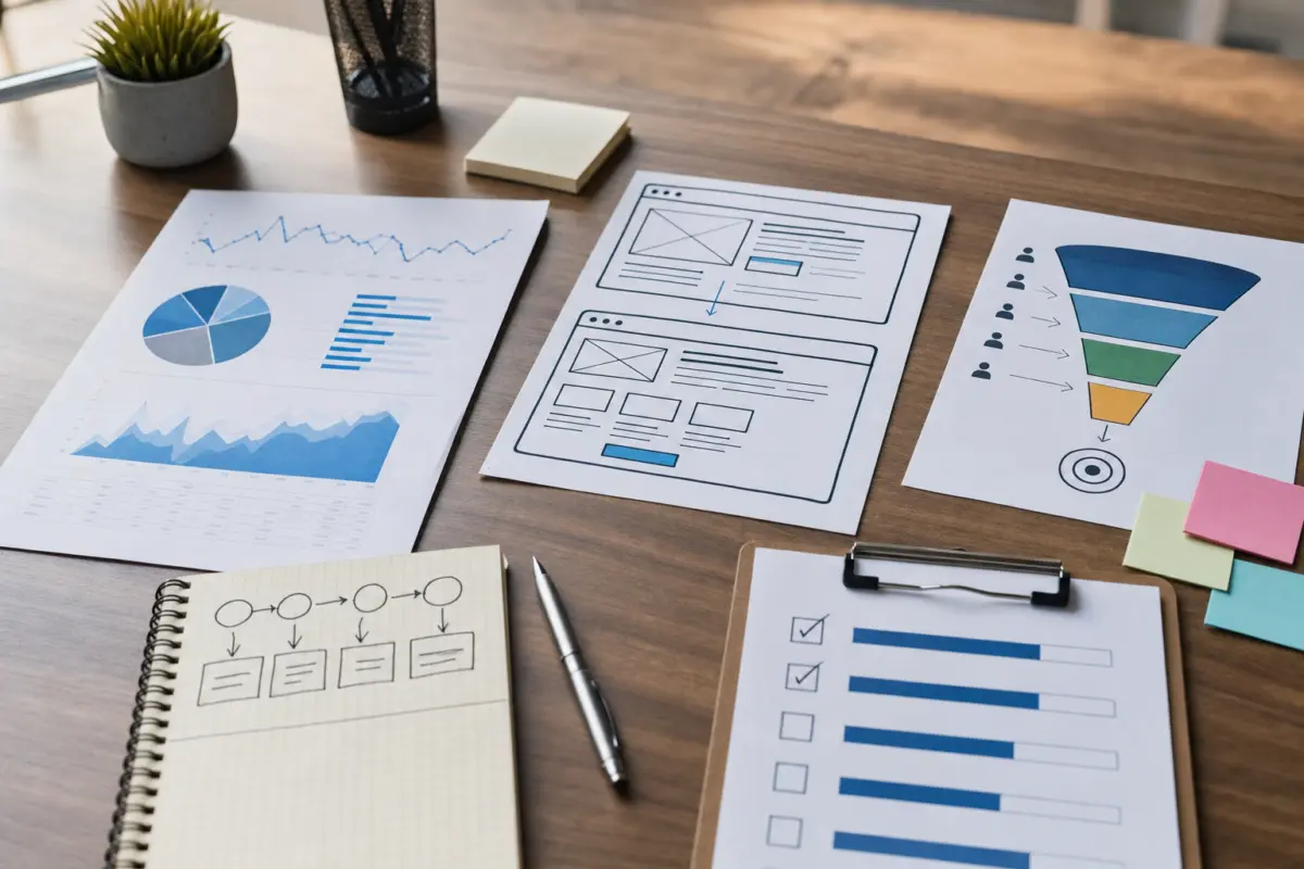 Illustration zum Artikel Warum hat meine Website Besucher, aber keine Kunden?, Abschnitt 1: gedruckte SEO-Analysen, Checkliste Nutzerführung, Conversion-Elemente Skizzen, Ausdrucke mit Diagrammen, moderner Schreibtisch, Kugelschreiber