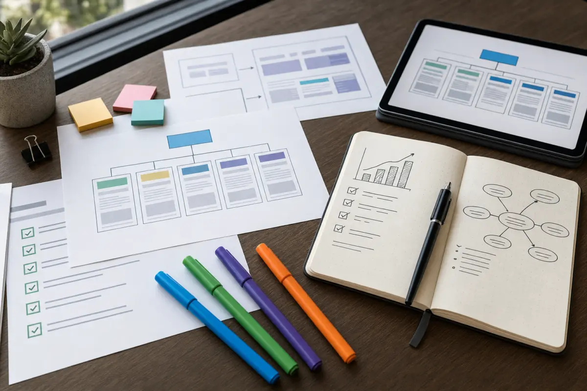 Illustration zum Artikel Website Relaunch ohne Rankingverlust, Abschnitt 1: Ausdrucke Website-Strukturdiagramm, SEO-Checkliste, bunte Marker, digitales Tablet, Notizbuch mit SEO-Notizen
