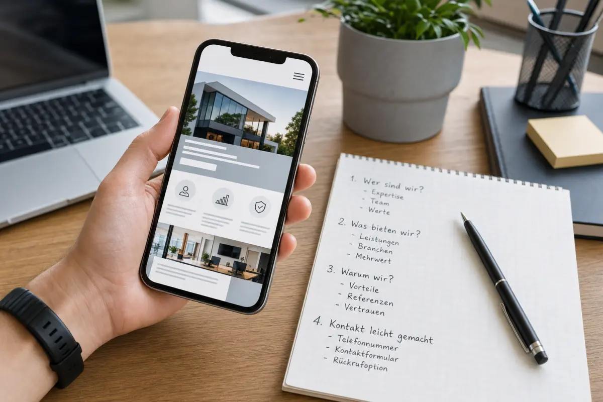 Illustration zum Artikel Webdesign für Dienstleister: Wie Websites Vertrauen und Anfragen erzeugen, Abschnitt 3: Smartphone mit Website-Startseite, handgeschriebene To-Do-Liste, Stift, Schreibtisch, Laptop, Pflanze