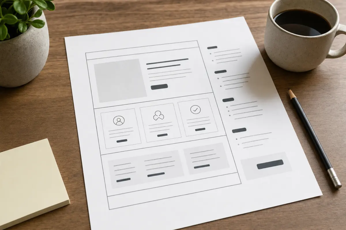 Illustration zum Artikel Typische Fehler bei Unternehmenswebsites und wie man sie vermeidet, Abschnitt 1: Konzeptpapier Startseite, Bleistift, Notizzettel, Kaffeetasse, Schreibtisch