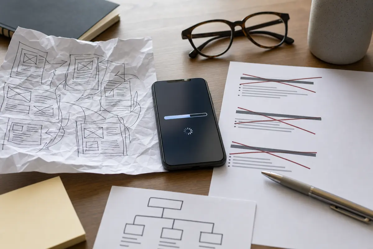 Illustration zum Artikel Webdesign und SEO in Köln: Warum beides zusammen gedacht werden sollte, Abschnitt 2: zerknüllte Skizze, Smartphone mit Ladebalken, ausgedruckte Notizen mit Überschriften, Stift, Brille