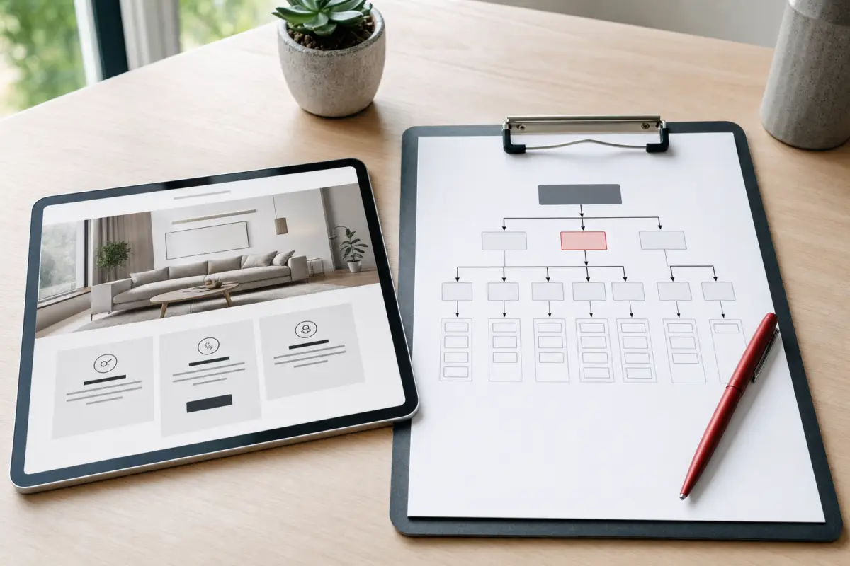 Illustration zum Artikel Gutes Webdesign: Woran erkennt man eine professionelle Website?, Abschnitt 1: Tablet mit Website-Mockup, Klemmbrett, Sitemap-Druck, roter Stift, heller Schreibtisch