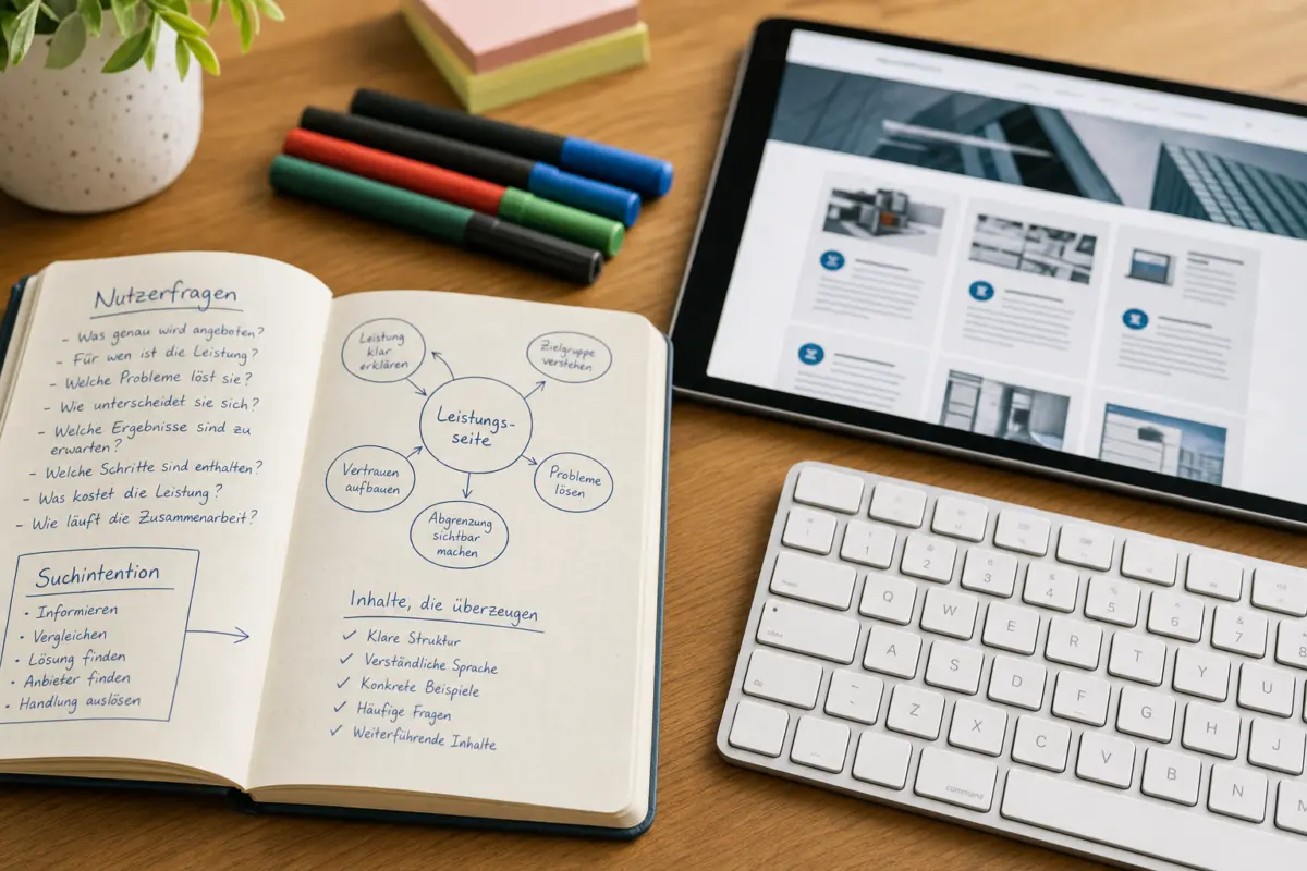 Illustration zum Artikel Warum erscheinen meine Leistungen nicht bei Google?, Abschnitt 2: Notizbuch mit handschriftlichen Notizen, bunte Marker, Tastatur, Tablet mit Website-Layout