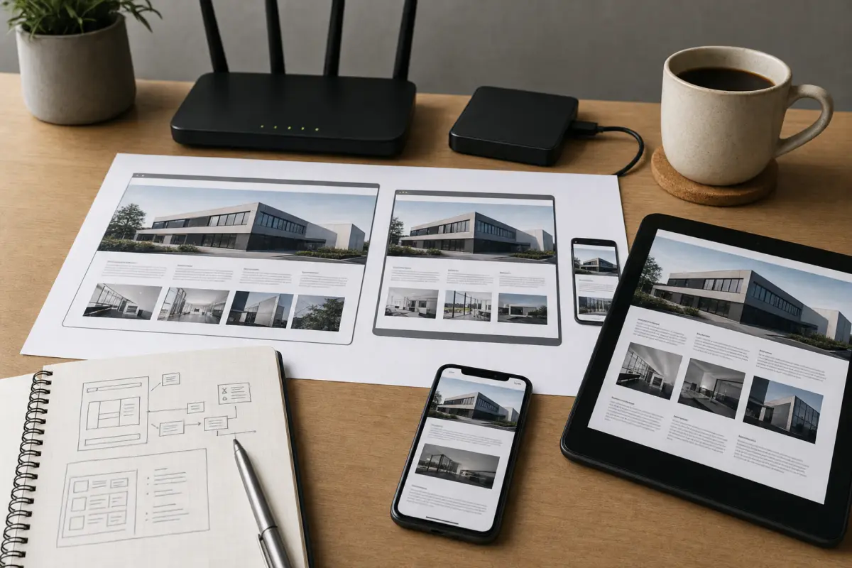 Illustration zum Artikel Webdesign für mittelständische Unternehmen: Was wirklich zählt, Abschnitt 3: Ausgedruckte Screenshots responsiver Website, Tablet mit Websiteansicht, Smartphone, Router, externe Festplatte, Notizblock