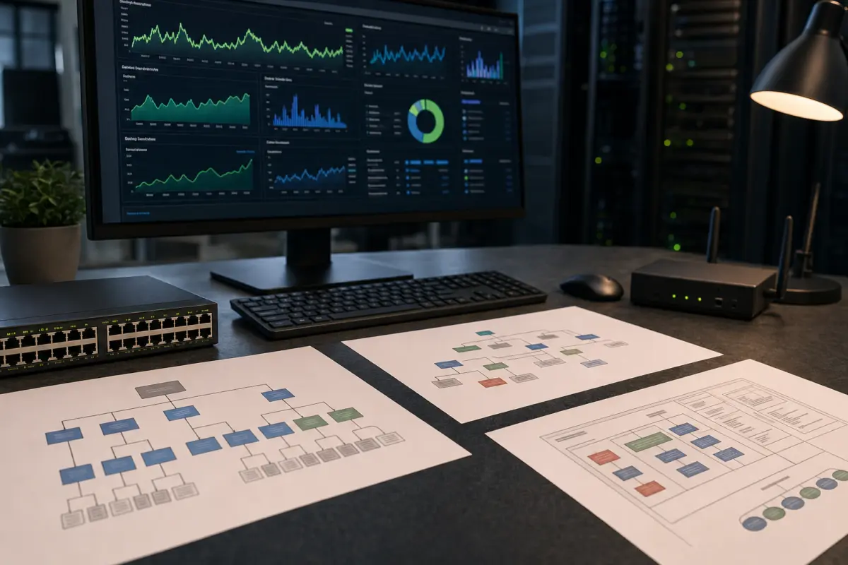 Illustration zum Artikel SEO-Case: Wie technische Optimierung eine Website wieder besser crawlbar machte, Abschnitt 3: Monitor mit Performance-Diagrammen, Ausdrucke URL-Struktur, Netzwerk-Switch, kleiner Router, Tastatur, Maus