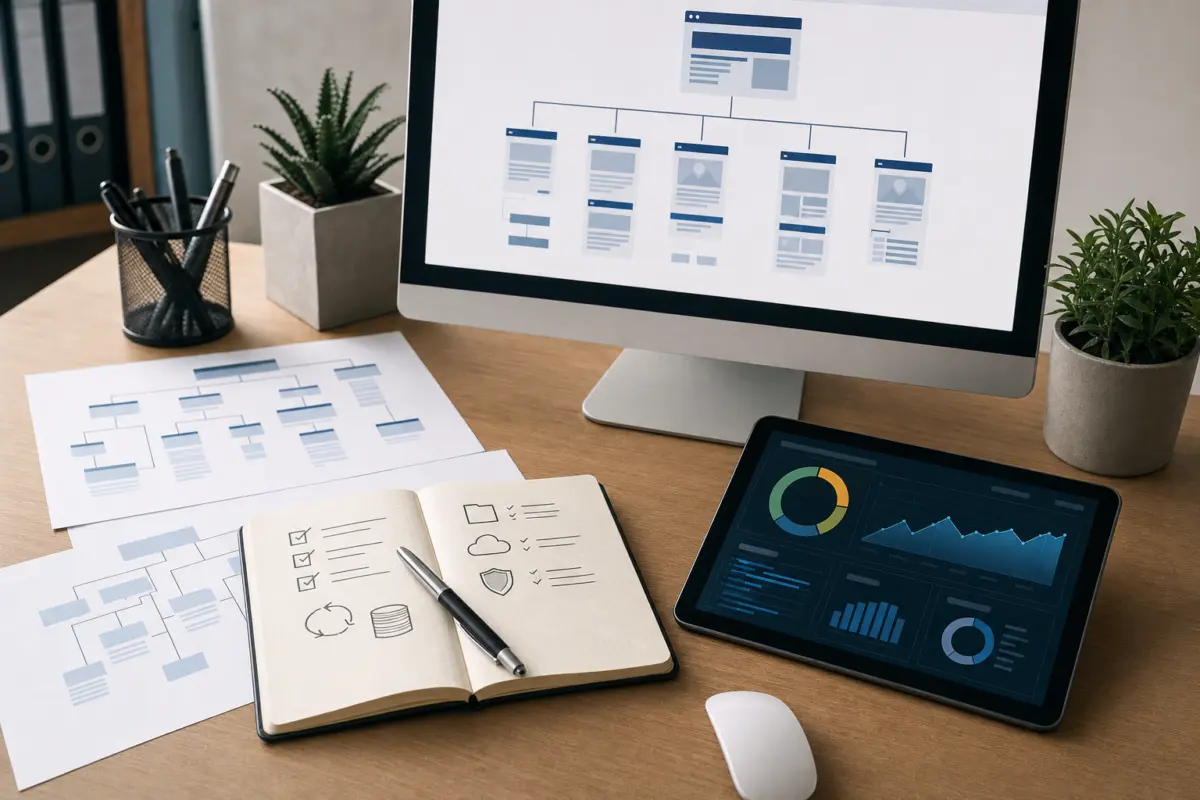 Illustration zum Artikel Webdesign mit WordPress: Vorteile, Grenzen und typische Fehler, Abschnitt 2: gedruckte Seitenhierarchie-Diagramme, Notiz mit To-Do-Listen, Tablet mit Performance-Dashboard, Computerbildschirm mit Website-Architektur, Kugelschreiber,