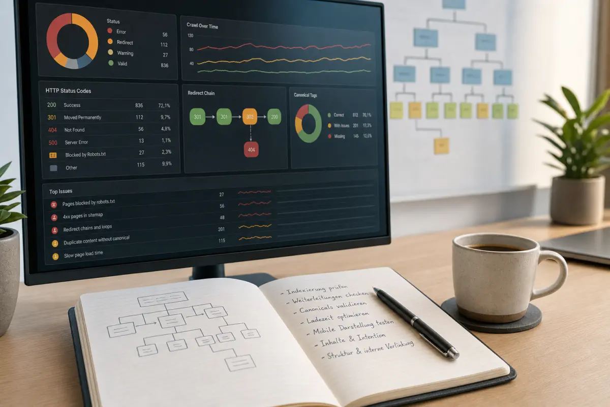 Illustration zum Artikel Warum rankt meine Website nicht bei Google?, Abschnitt 2: Computerbildschirm mit SEO-Dashboard, Notizbuch, Kugelschreiber, Kaffeetasse, strukturierte Website-Mindmap