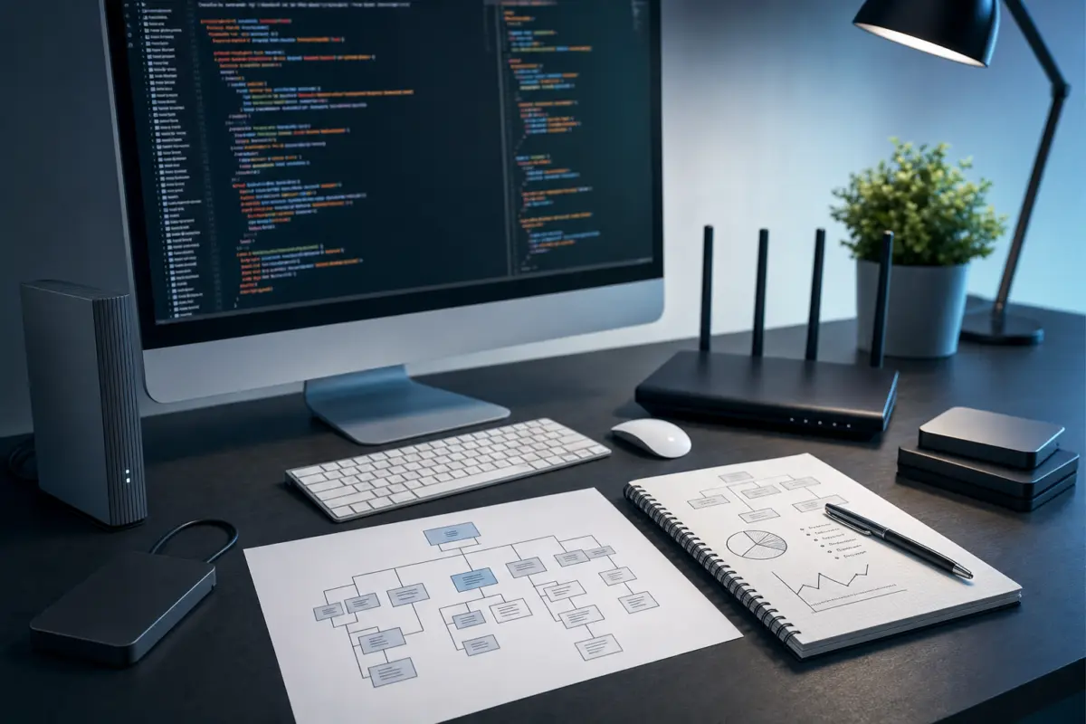 Illustration zum Artikel SEO für Immobilienmakler: Lokale Sichtbarkeit in einem umkämpften Markt, Abschnitt 3: Desktop-PC Bildschirm mit Quellcode, Architekturdiagramm Website, externe SSD, WLAN-Router, Notizblock mit Skizzen,