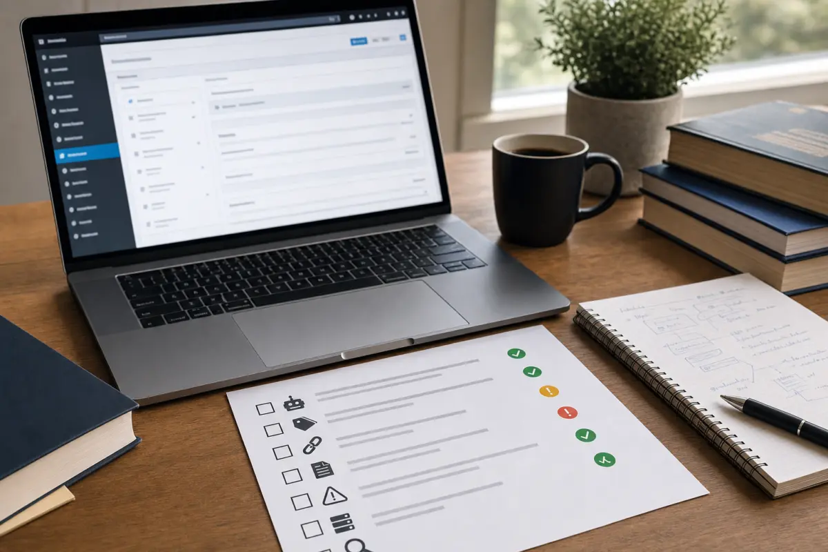 Illustration zum Artikel Warum wird meine Website nicht indexiert?, Abschnitt 1: Laptop mit Website Backend, ausgedruckte SEO Checkliste, technisches Fachbuch, Notizblock, Kaffeetasse