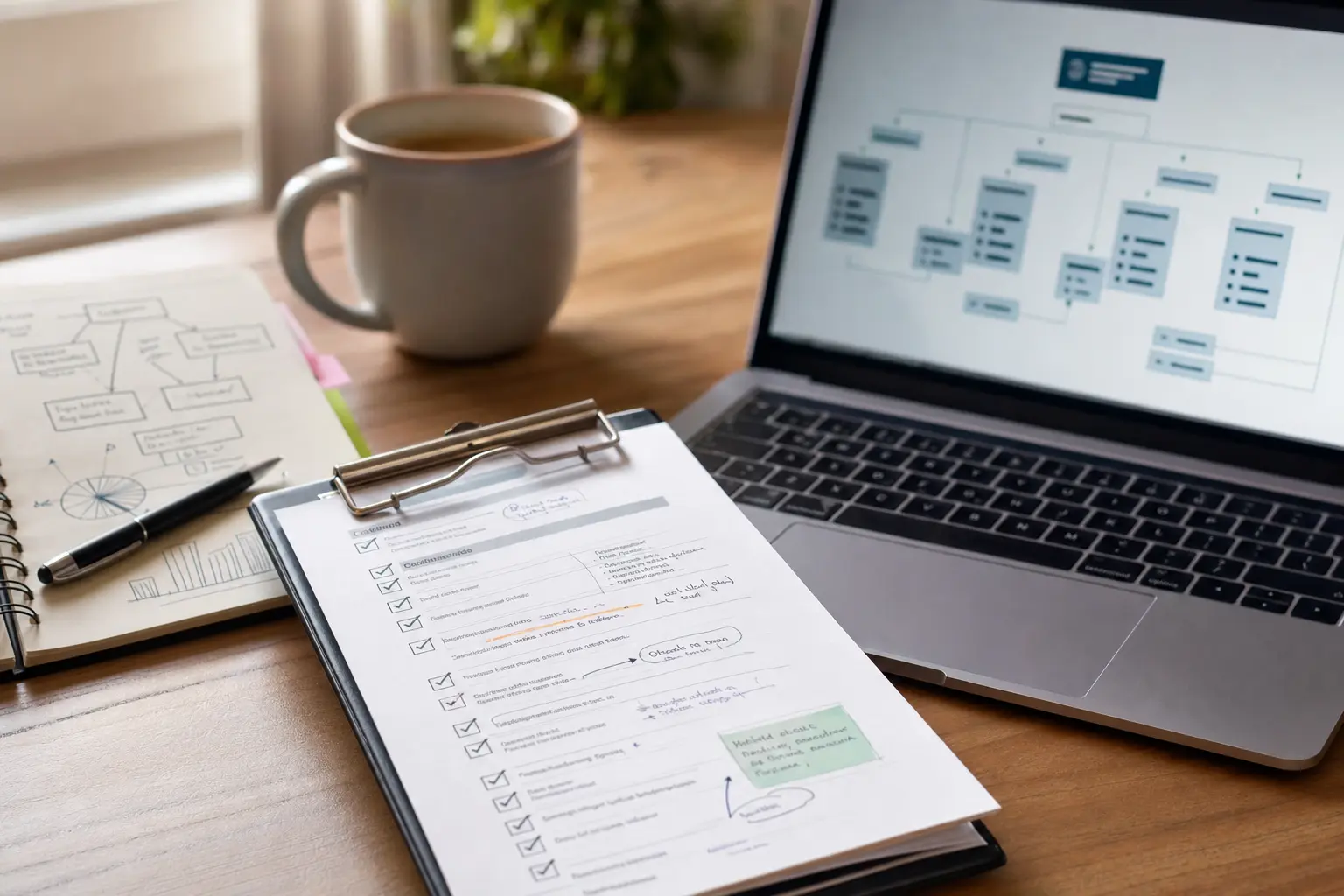 Titelbild zum Artikel Warum rankt meine Website nicht bei Google?: technische SEO Checkliste, moderner Laptop, skizziert Notizbuch, Kaffeetasse