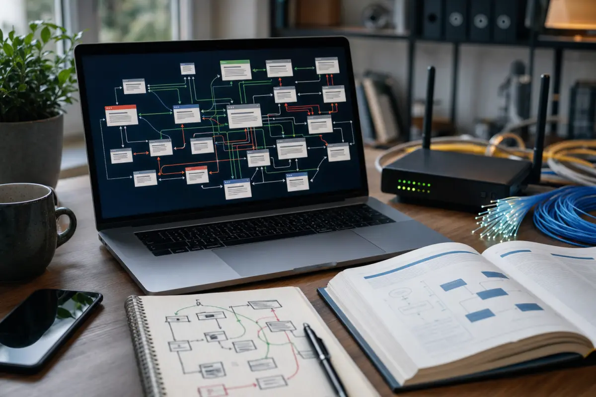 Illustration zum Artikel SEO-Case: Wie technische Optimierung eine Website wieder besser crawlbar machte, Abschnitt 1: Laptop mit URL-Netzwerk, Notizblock mit Skizzen, technischer SEO-Leitfaden, Router, Glasfaserkabel