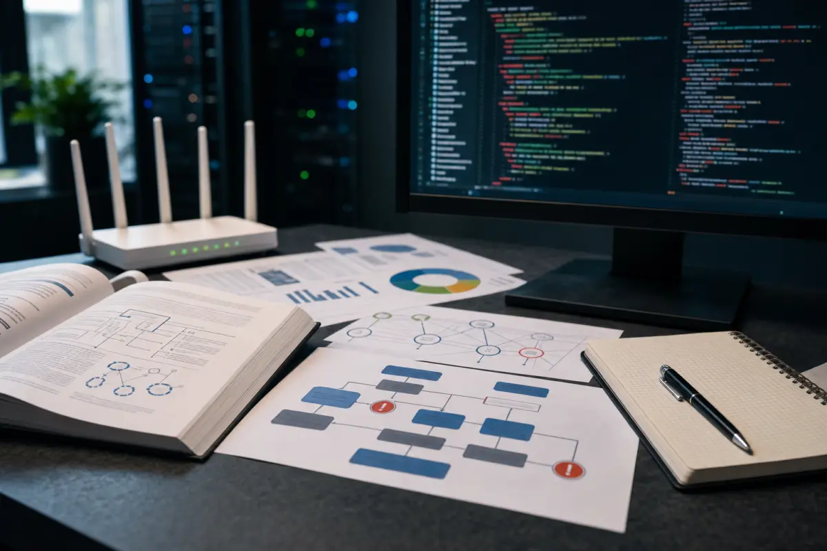 Illustration zum Artikel Warum verliert meine Website Rankings?, Abschnitt 1: technische SEO-Dokumente, Bildschirm mit Code, gedruckte Analysecharts, Router-Miniatur, Notizblock