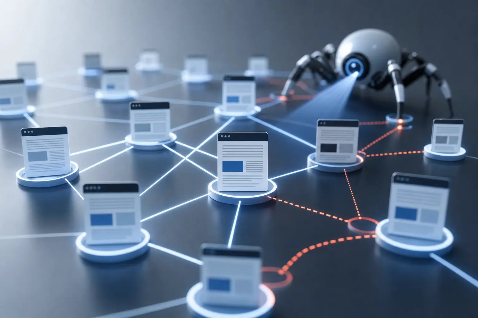 Titelbild zum Artikel SEO-Case: Wie technische Optimierung eine Website wieder besser crawlbar machte: Website-Knotenpunkte, Verbindungslinien, schematischer Suchmaschinen-Crawler, Netzwerkstruktur