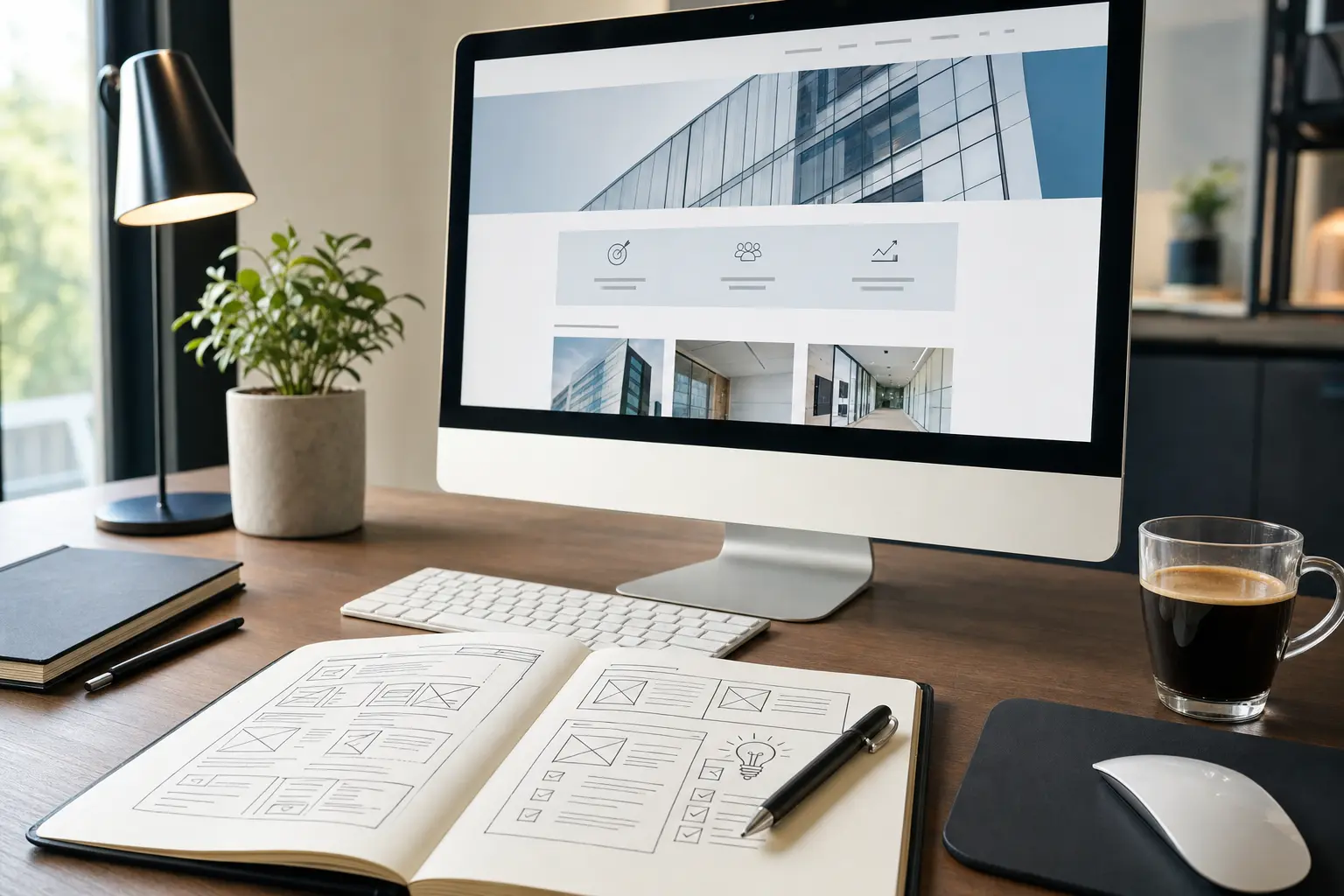 Titelbild zum Artikel Typische Fehler bei Unternehmenswebsites und wie man sie vermeidet: großer Monitor mit Website-Layout, offenes Notizbuch mit Skizzen, moderner Schreibtisch, Glas-Kaffeebecher