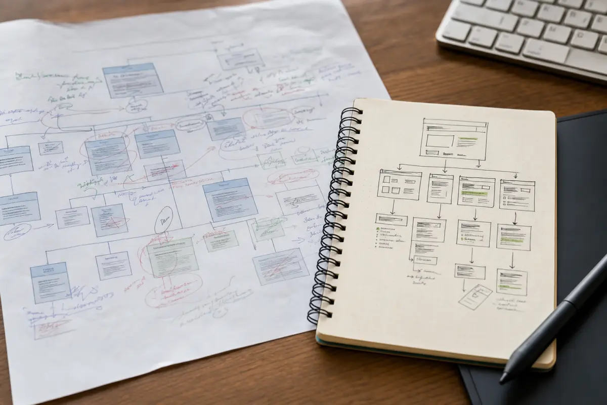 Illustration zum Artikel Webdesign-Case: Wie aus einer veralteten Website ein moderner Auftritt wurde, Abschnitt 1: Website Sitemap Ausdruck, handschriftliche Korrekturen, Notizblock mit Skizzen, Touchscreen-Stift, Tastatur