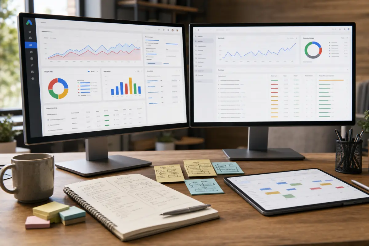 Illustration zum Artikel SEO oder Google Ads: Was lohnt sich für Unternehmen mehr?, Abschnitt 2: zwei Monitore, Google Ads Dashboard, SEO-Analyse, Notizzettel, Tablet mit Kalender, Kaffeetasse, Schreibtisch
