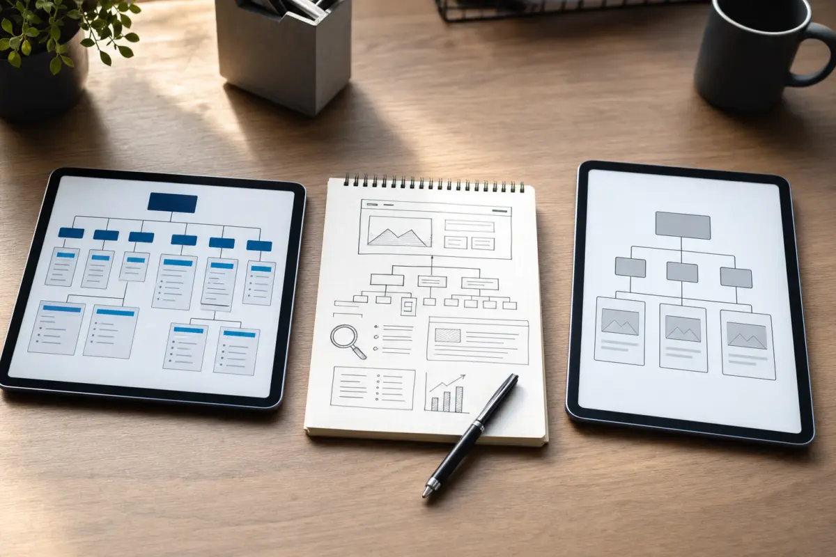 Illustration zum Artikel WordPress oder Baukasten: Was ist besser für Unternehmenswebsites?, Abschnitt 3: Tablet mit Sitemap-Diagramm WordPress, Tablet mit Baukasten-Webseite Struktur, Notizblock mit Website-Skizzen, Stift,
