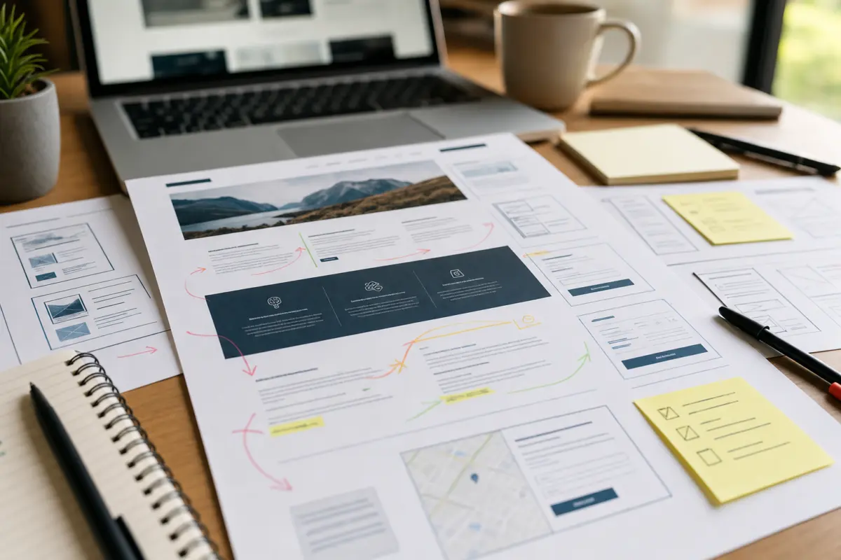 Illustration zum Artikel Webdesign und Conversion: Wie aus Besuchern Anfragen werden, Abschnitt 2: gedrucktes Website-Layout, Markierungen, Notizzettel, Laptop, Kaffeetasse