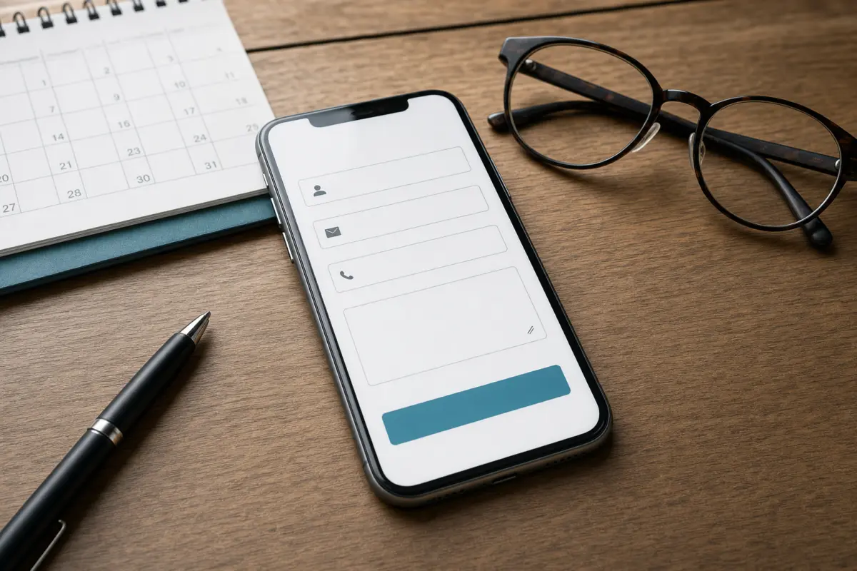 Illustration zum Artikel Warum bringt meine Website keine Anfragen?, Abschnitt 3: Smartphone, geöffnetes Kontaktformular, Holztisch, kleine Kalender, Lesebrille, Stift