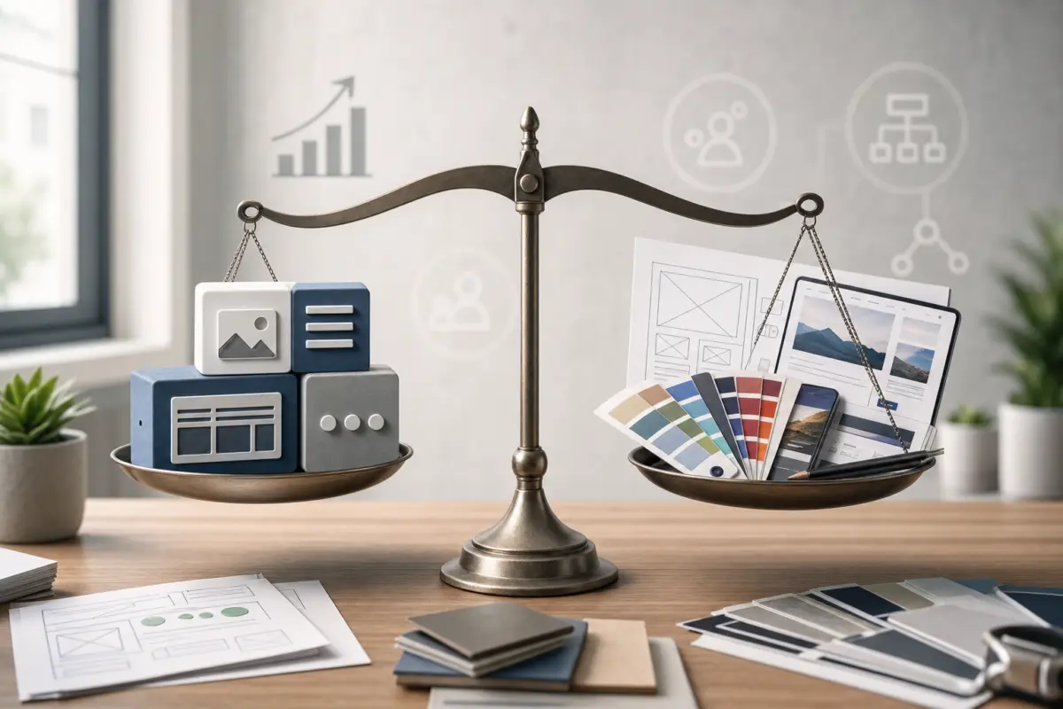 Illustration zum Artikel Professionelle Website oder Baukasten: Wann lohnt sich individuelles Webdesign?, Abschnitt 3: Waage, modulare Webbaukasten-Bausteine, Farbfächer, Skizzenpapier, Prototyp-Screenshots, Icons für Wachstum und Nutzerführung