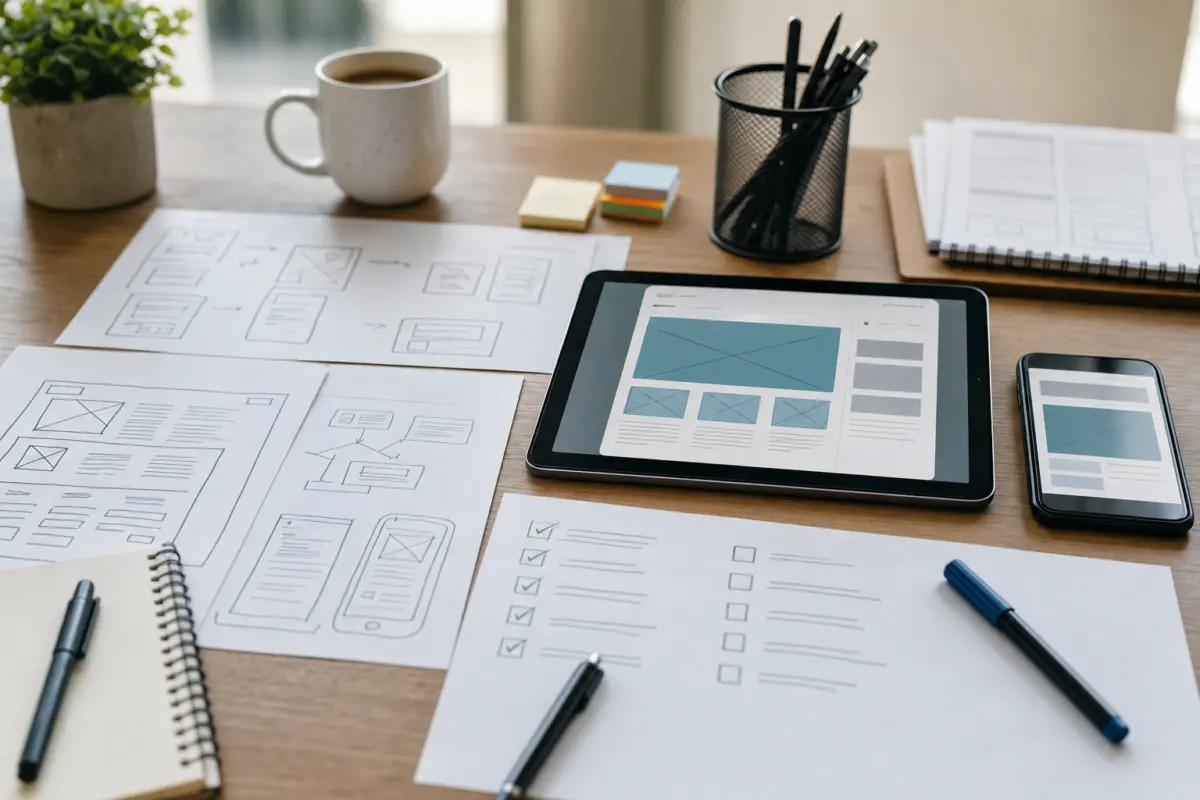 Illustration zum Artikel Website selbst erstellen oder Agentur beauftragen?, Abschnitt 2: Skizzen der Website-Struktur, SEO-Checkliste, Tablet mit Wireframe, Smartphone, Stifte, Kaﬀeebecher
