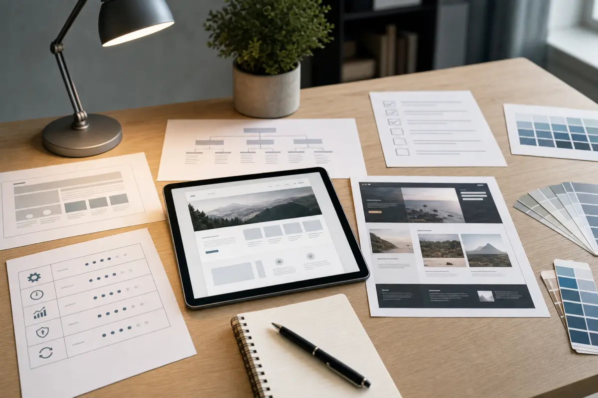 Illustration zum Artikel Individuelles Webdesign oder fertiges Theme: Was ist besser?, Abschnitt 3: Ausdrucke Website-Strukturen, Checklisten, Diagramme, digitales Tablet mit Website-Layout, Ausdruck Theme-Vergleich, Stift, Schreibtischlampe