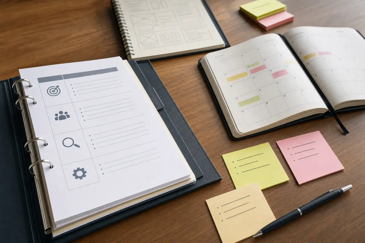Illustration zum Artikel Wie läuft ein Webdesign-Projekt mit einer Agentur ab?, Abschnitt 1: Notizzettel, Terminkalender, Projektmappe, Stift, Tischoberfläche