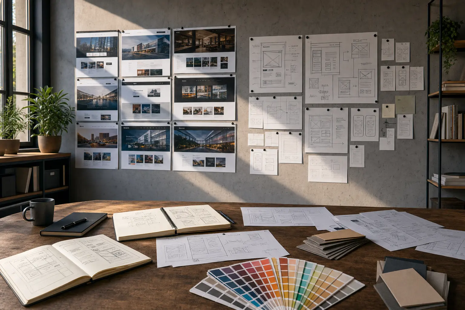 Titelbild zum Artikel Individuelles Webdesign oder fertiges Theme: Was ist besser?: großer Holztisch, Notizbücher, Farbfächer, technische Skizzen, Wand mit Website-Collage, Wireframe-Zeichnungen, Skizzen