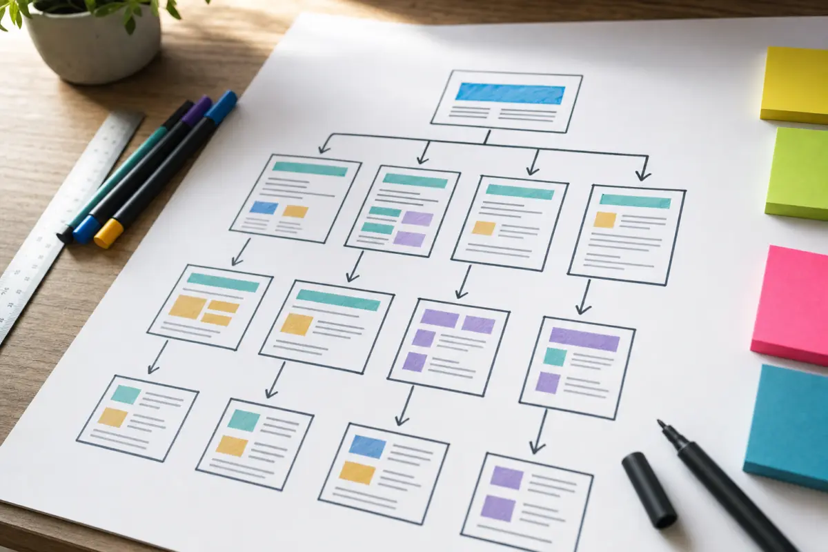 Illustration zum Artikel Website-Texte und Webdesign: Warum Inhalt und Gestaltung zusammengehören, Abschnitt 1: Websitesitemap Diagramm, Whiteboard oder großes Papier, Marker, Lineal, Notizzettel