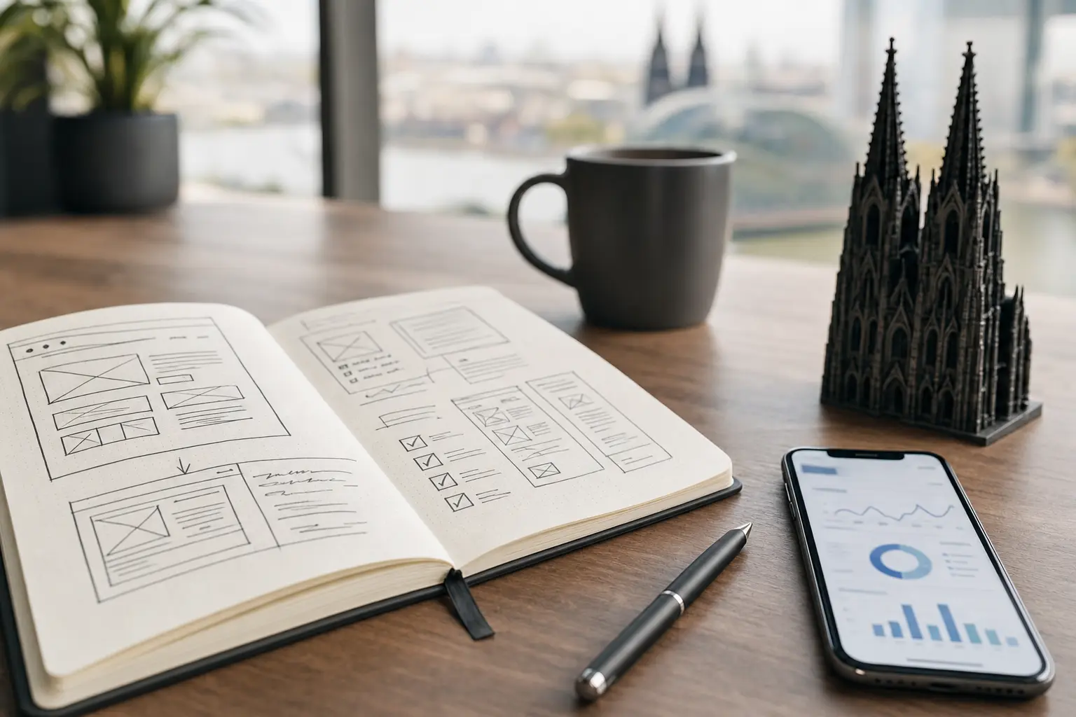 Titelbild zum Artikel Webdesign in Köln: Was lokale Unternehmen wirklich brauchen: Notizbuch, Smartphone, Kaffeetasse, Miniatur Kölner Dom, Kugelschreiber