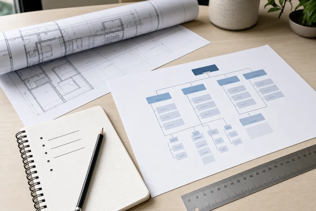 Illustration zum Artikel Website-Struktur planen: Warum gutes Webdesign nicht mit Farben beginnt, Abschnitt 1: Architekturplan, Sitemap-Ausdruck, Bleistift, Lineal, Notizblock